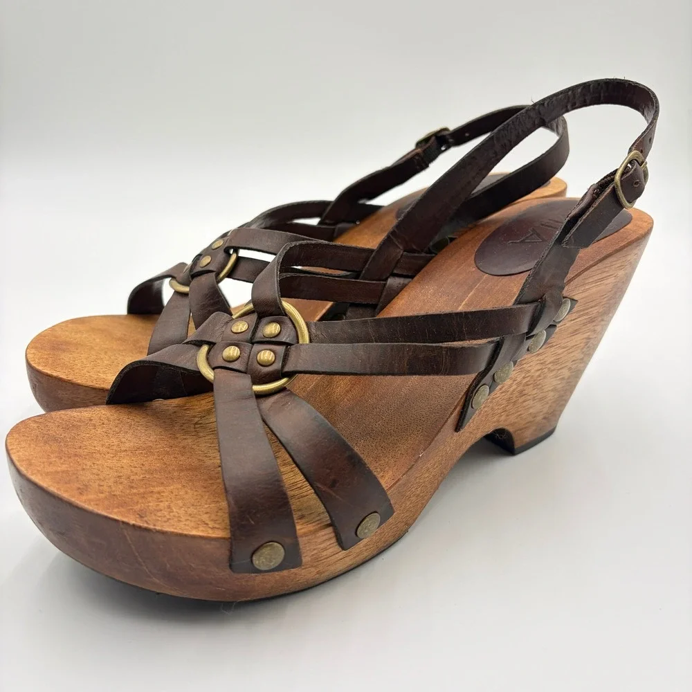 Vintage MIA Platform Chunky Shoes Sandals Size 10 90s Y2K Wooden Leather Brown
